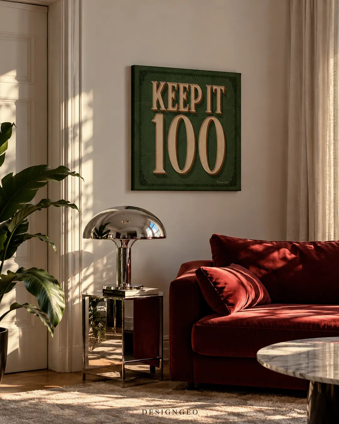 Keep It 100 vintage dollar bill typography square canvas wall art mounted on white wall above chrome lamp and red velvet sofa 0.75 inch thin wrap