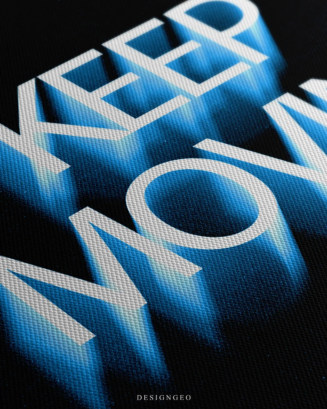 Angled close-up view of the canvas print surface, detailing the woven texture and the vibrant electric blue neon motion-blur trail behind the white letters spelling "KEEP MOVING"
