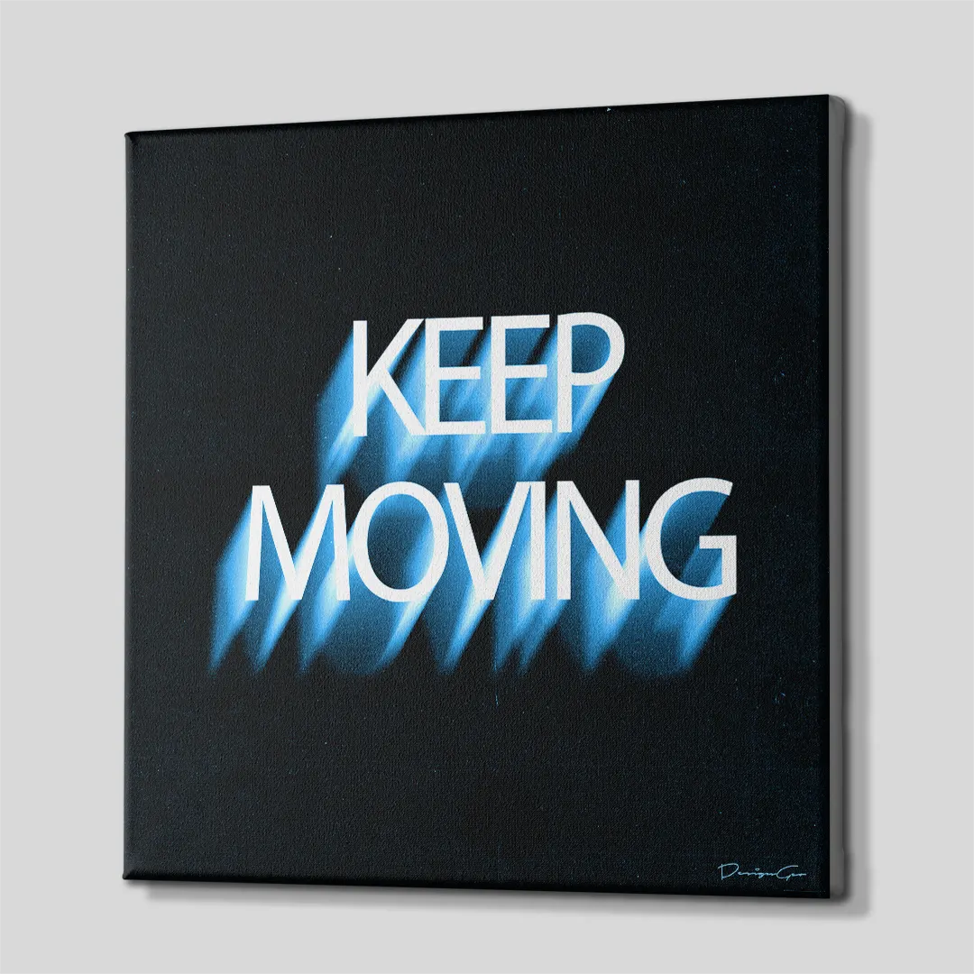 Three-quarter side profile of the square "KEEP MOVING" canvas wall art, showing seamless gallery-wrapped black edges wrapped around solid wooden stretcher bars