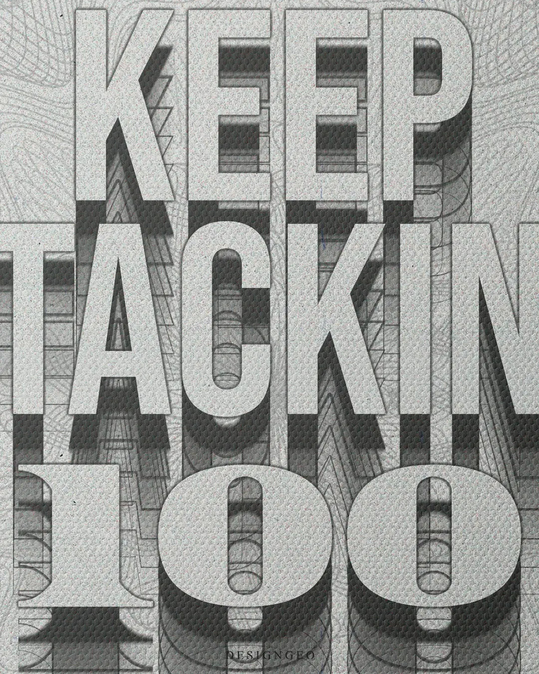 Medium shot showing the 3D extrusion effect on KEEP STACKING 100 bold white letters layered over a detailed bank note banknote pattern background