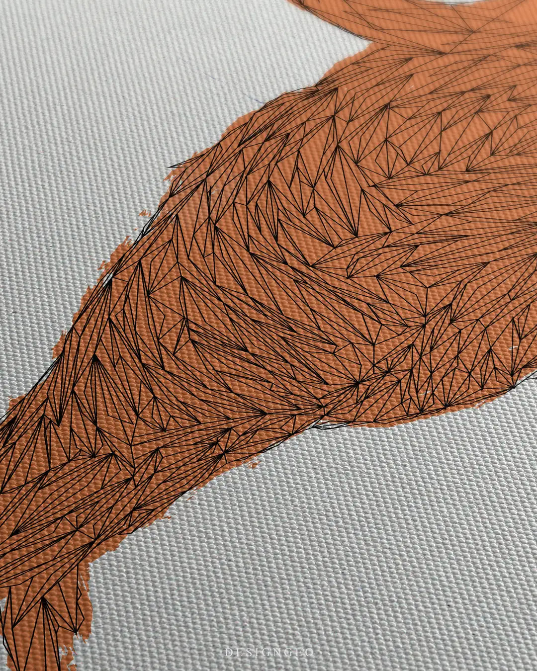 Macro detail of the geometric flamingo art print, showcasing the sharp black polygonal line work and the premium woven texture of the canvas