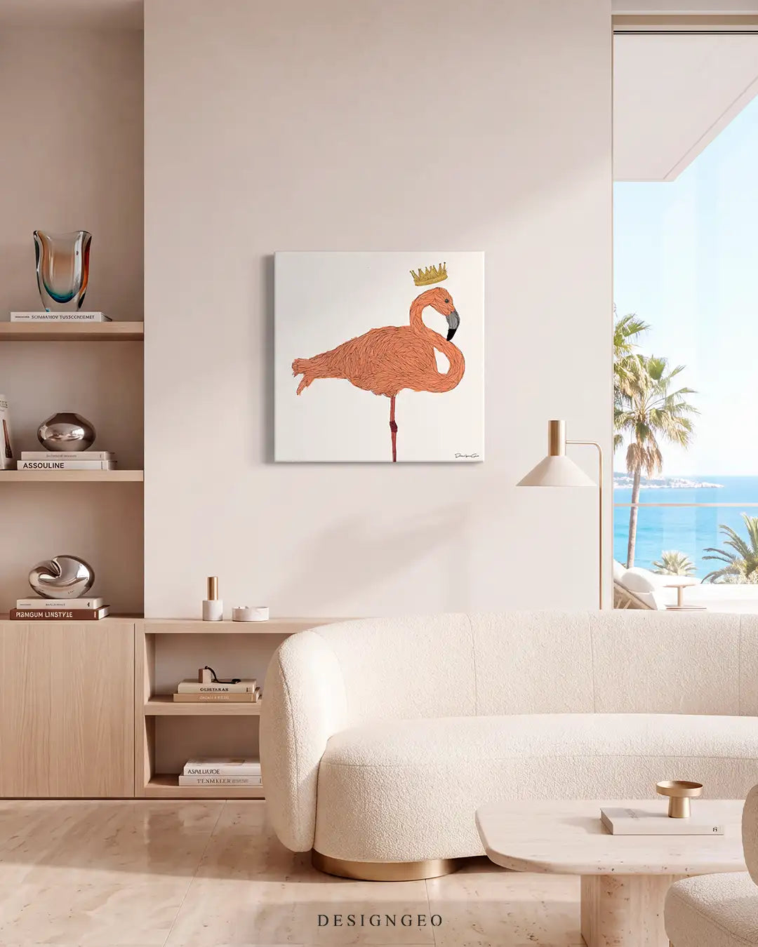 Modern coastal living room interior with the minimalist geometric crowned flamingo canvas hanging above a luxury curved white sofa next to a sunny ocean-view balcony