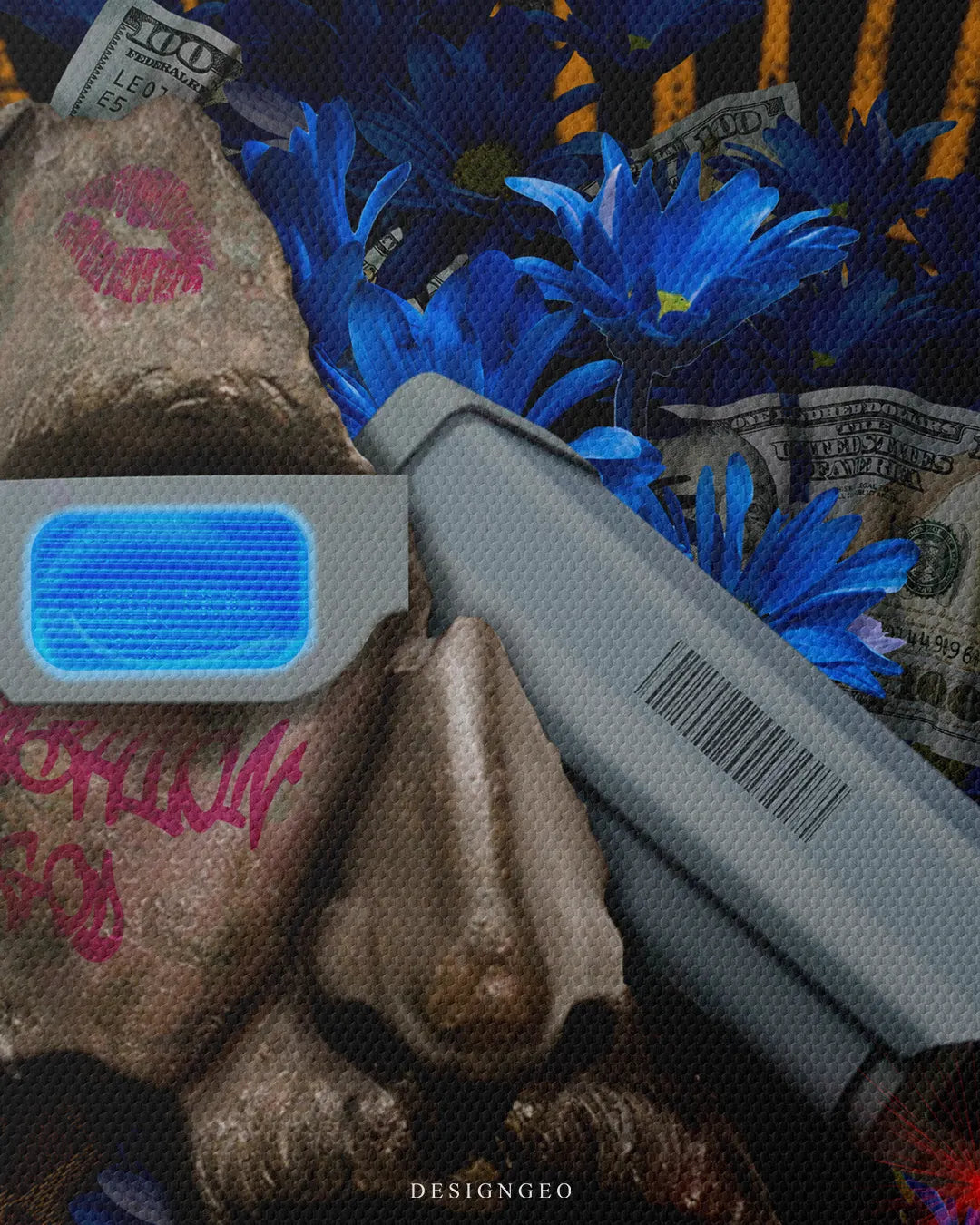 Close-up macro detail shot showing fine canvas texture, classical stone face, digital VR visor, barcode scanner emitting red laser, lipstick mark, and blue flowers with 100 dollar bills