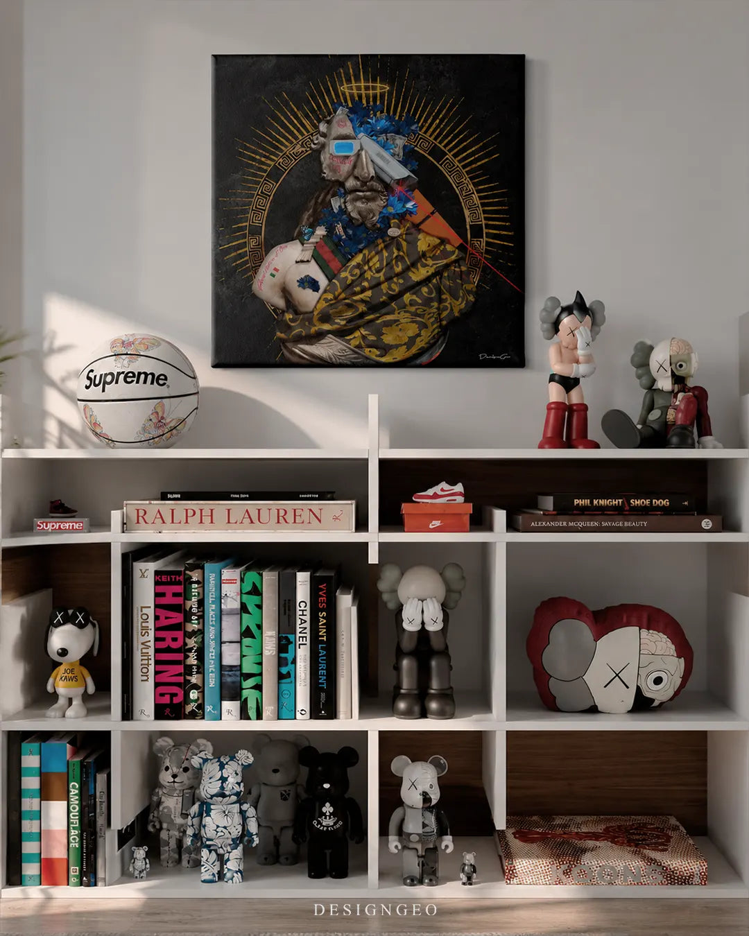 King Of Fashion classical art portrait pop art square canvas wall art mounted on wall in luxury game room above white shelving unit 0.75 inch thin wrap