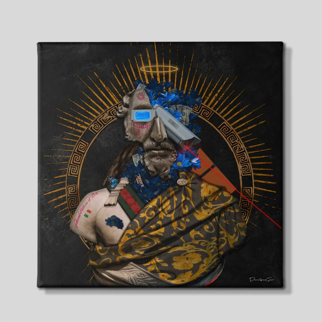 Front view of a square black canvas print featuring a classical stone sculpture bust adorned with luxury fashion motifs, baroque golden robe, barcode scanner, and glowing halo