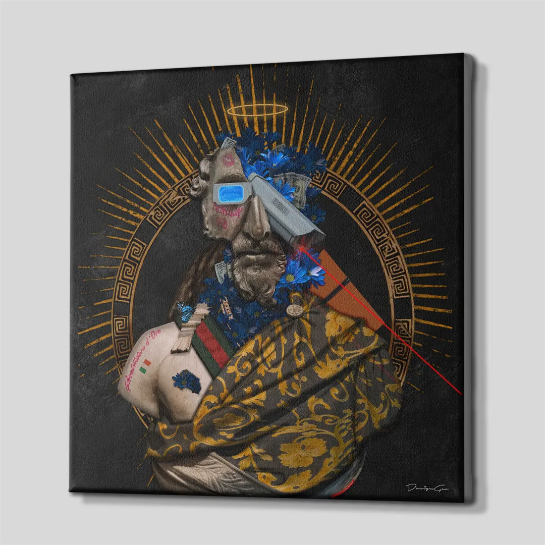Three-quarter side angle of the King of Fashion luxury canvas print showing gallery-wrapped solid black edges mounted on a wooden frame