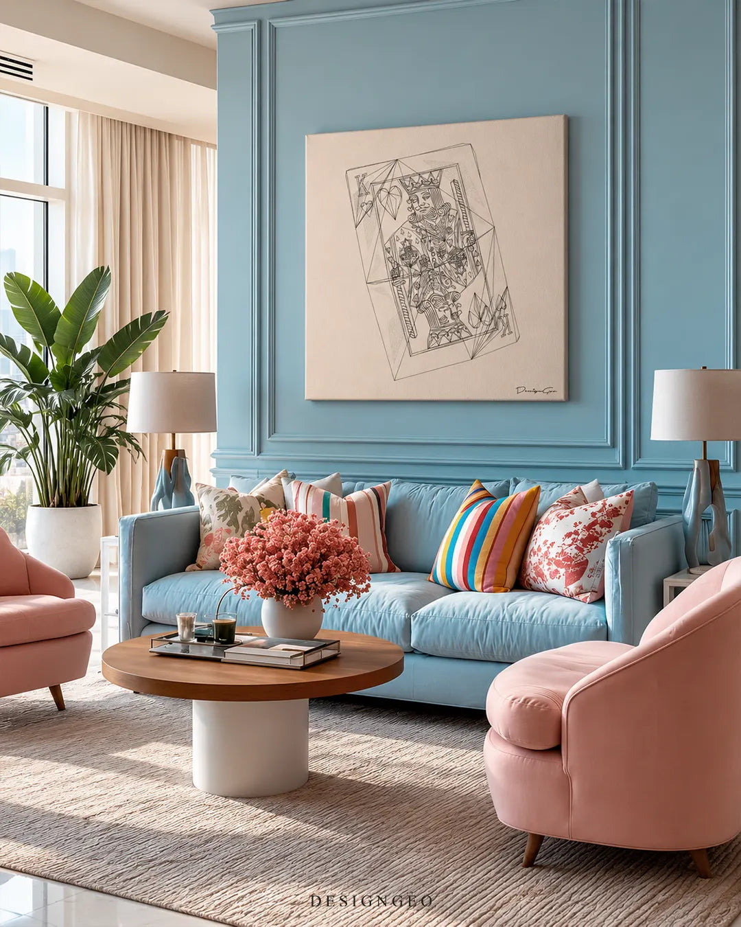 Minimalist King of Hearts playing card line art sketch square canvas wall art displayed on a powder blue paneled wall above a blue sofa 0.75 inch thin wrap