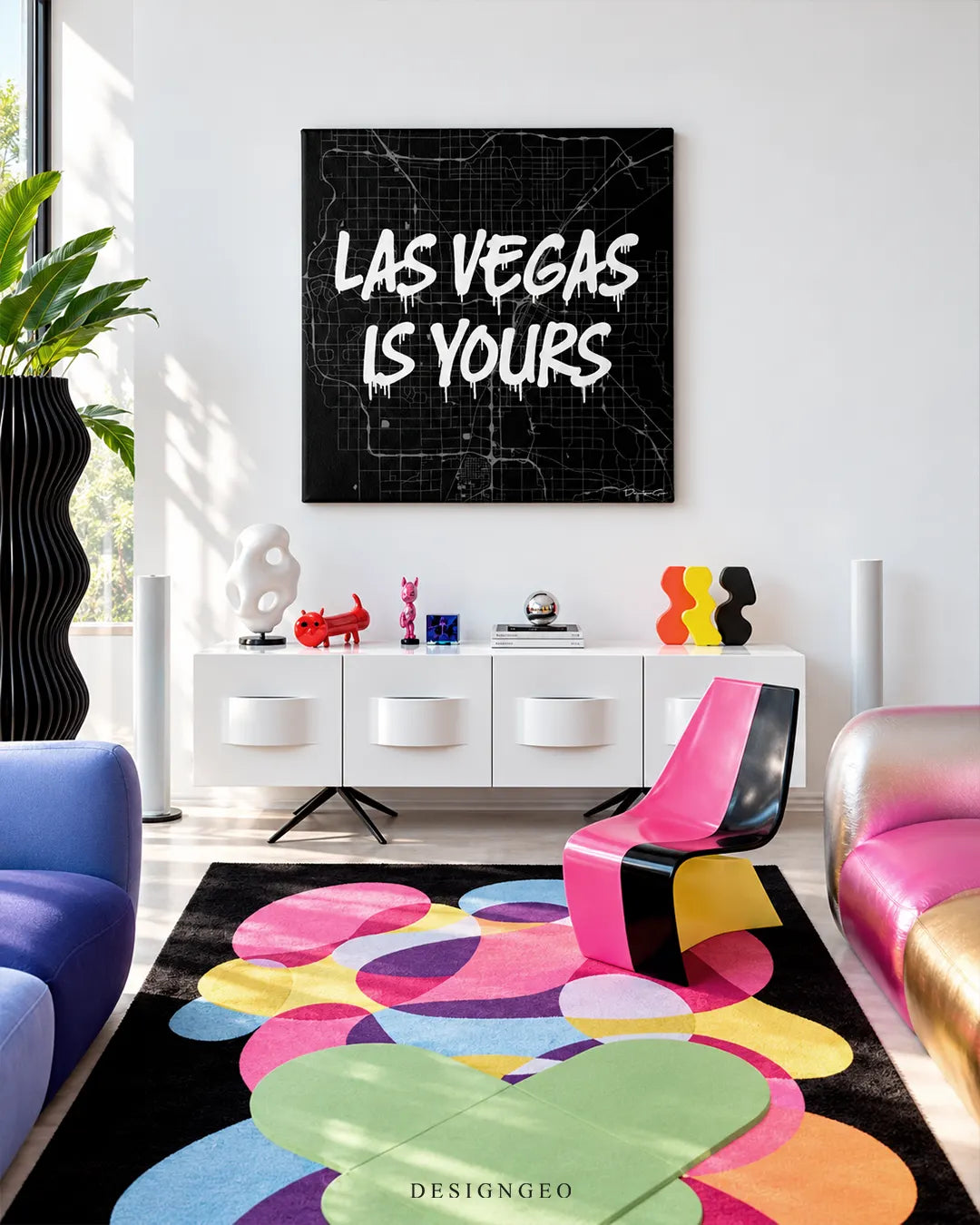 Black and white Las Vegas city map graffiti text Las Vegas Is Yours square canvas wall art displayed on a white wall above a modern credenza 0.75 inch thin wrap