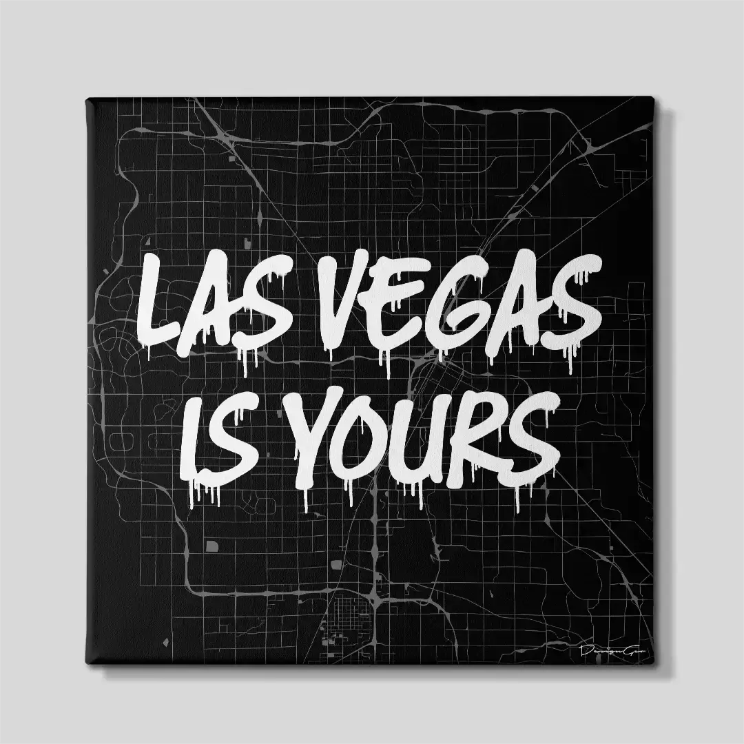Front view of the Las Vegas is Yours square city map canvas print, a premium motivational wall art piece tailored for contemporary workspaces, gaming rooms, and business lounges