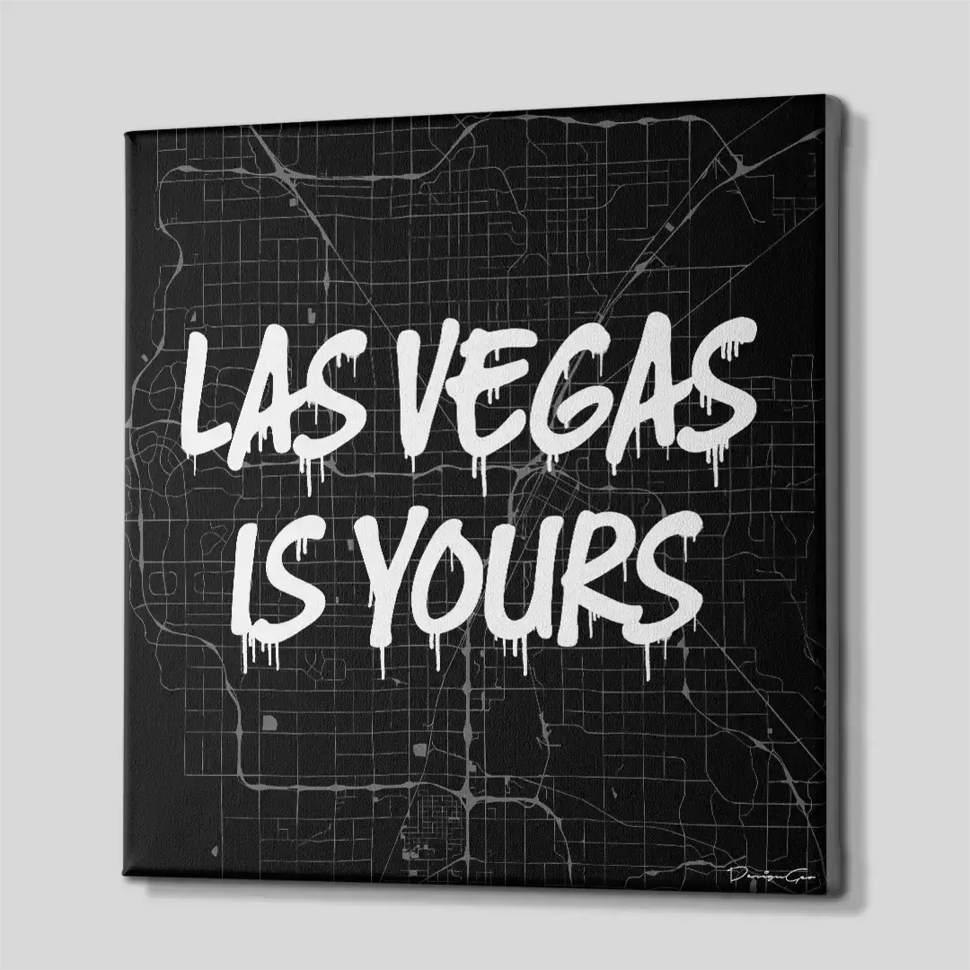 Side perspective of the Las Vegas urban map canvas print, highlighting the premium gallery wrap finish and the solid 3D frame depth perfect for professional luxury office walls