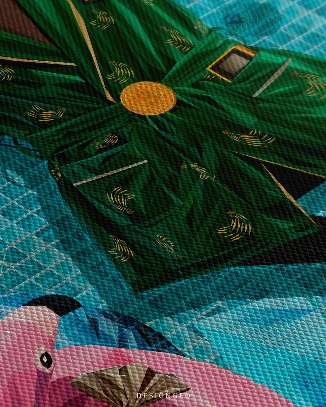 Extreme macro detail shot highlighting canvas weave, banana-patterned green robe with Bitcoin buckle, and a pink flamingo pool float
