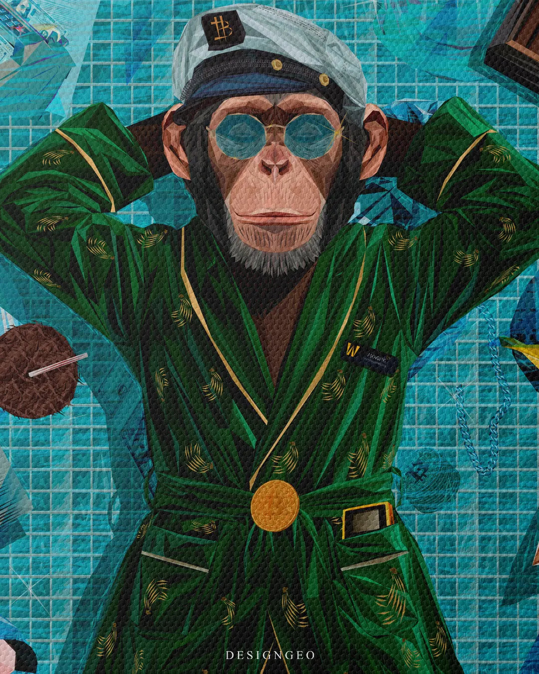Upper-body view showing a chimpanzee relaxing in a green robe, blue sunglasses, captain hat with Bitcoin logo, and coconut drink floating in a tiled pool