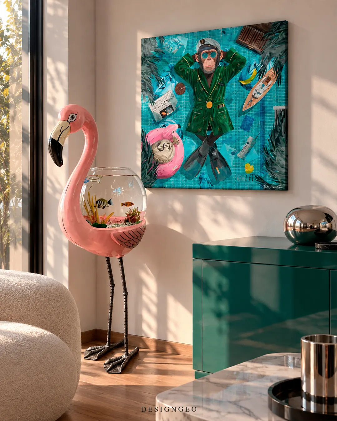 Square canvas print featuring a chimpanzee wearing a green robe and captain hat floating in a swimming pool mounted on a beige wall above a dark green cabinet and pink flamingo fish tank