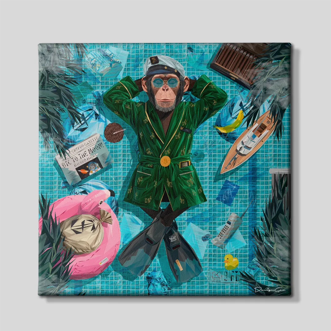Front view of a square canvas print depicting a chimpanzee in a green robe floating in a luxury swimming pool surrounded by a pink flamingo float, money bag, yacht model, and crypto newspaper