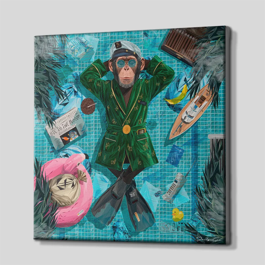 Three-quarter side perspective of the luxury monkey pool canvas print showing gallery-wrapped blue water edges mounted on a wooden frame