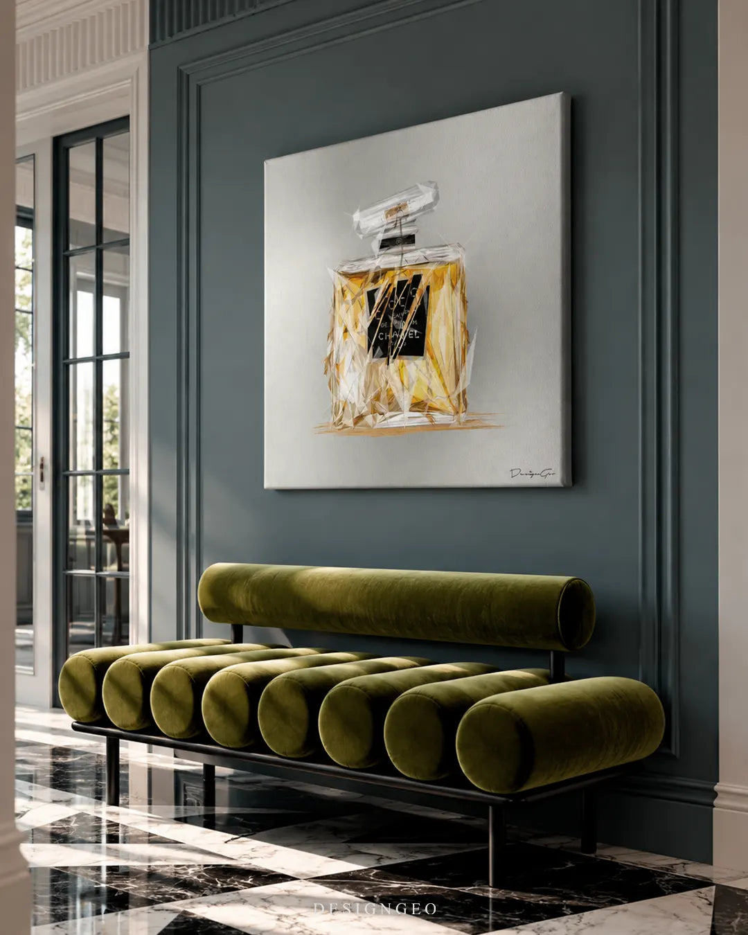 Geometric amber perfume bottle square canvas wall art displayed on a dark slate gray wainscoting wall in an entryway above an olive green bench 0.75 inch thin wrap
