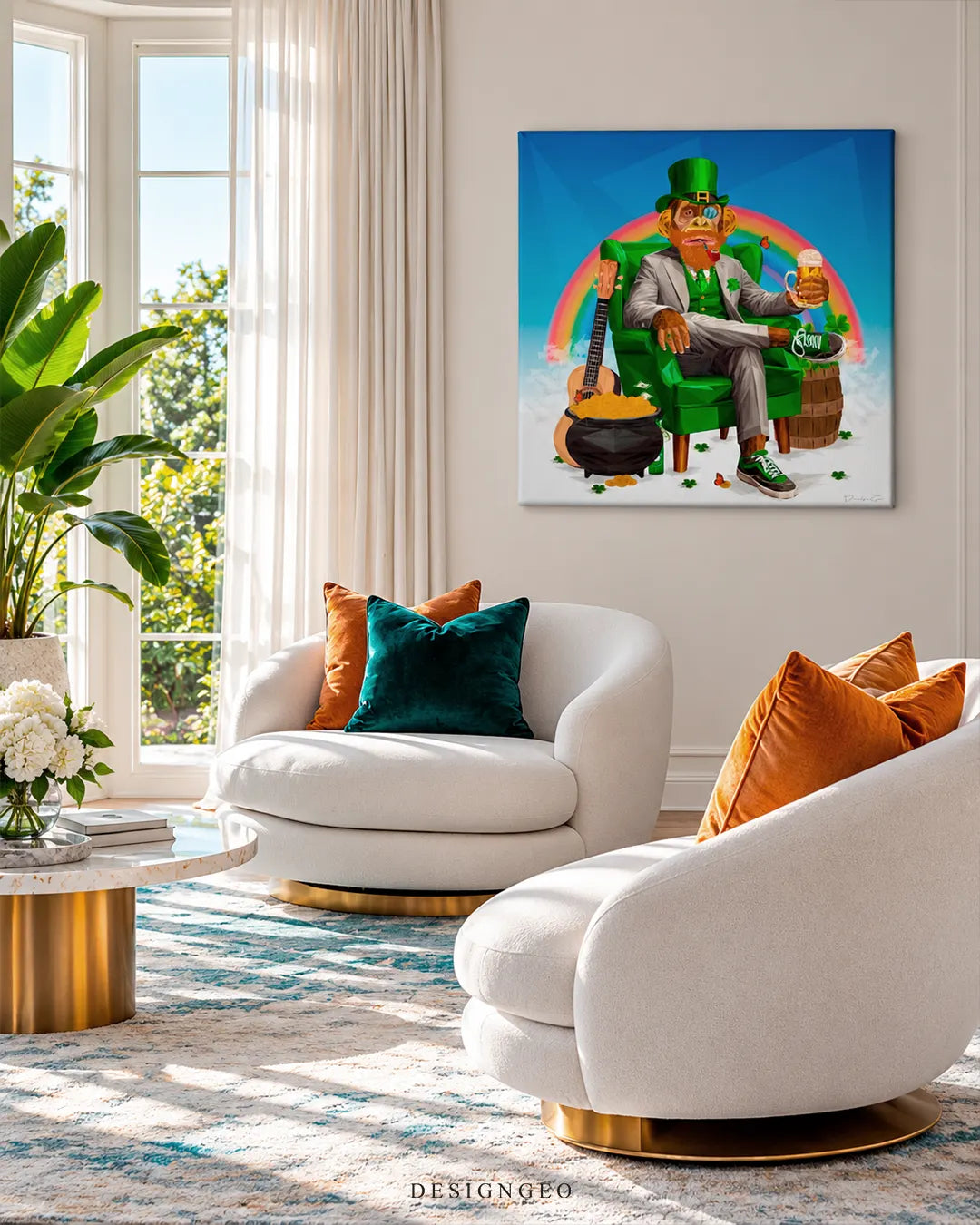 Bored ape leprechaun smoking pipe holding beer with rainbow pot of gold square canvas wall art displayed on a beige wall above white chairs 0.75 inch thin wrap