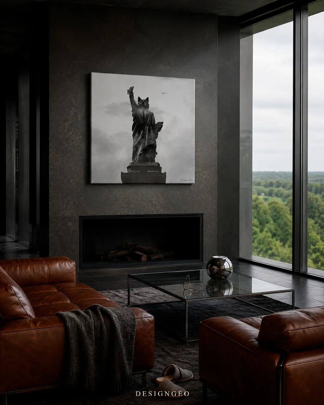 Square Statue of Liberty wolf canvas wall art mounted on a dark stone fireplace wall in a modern luxury penthouse with cognac leather sofas and floor-to-ceiling windows