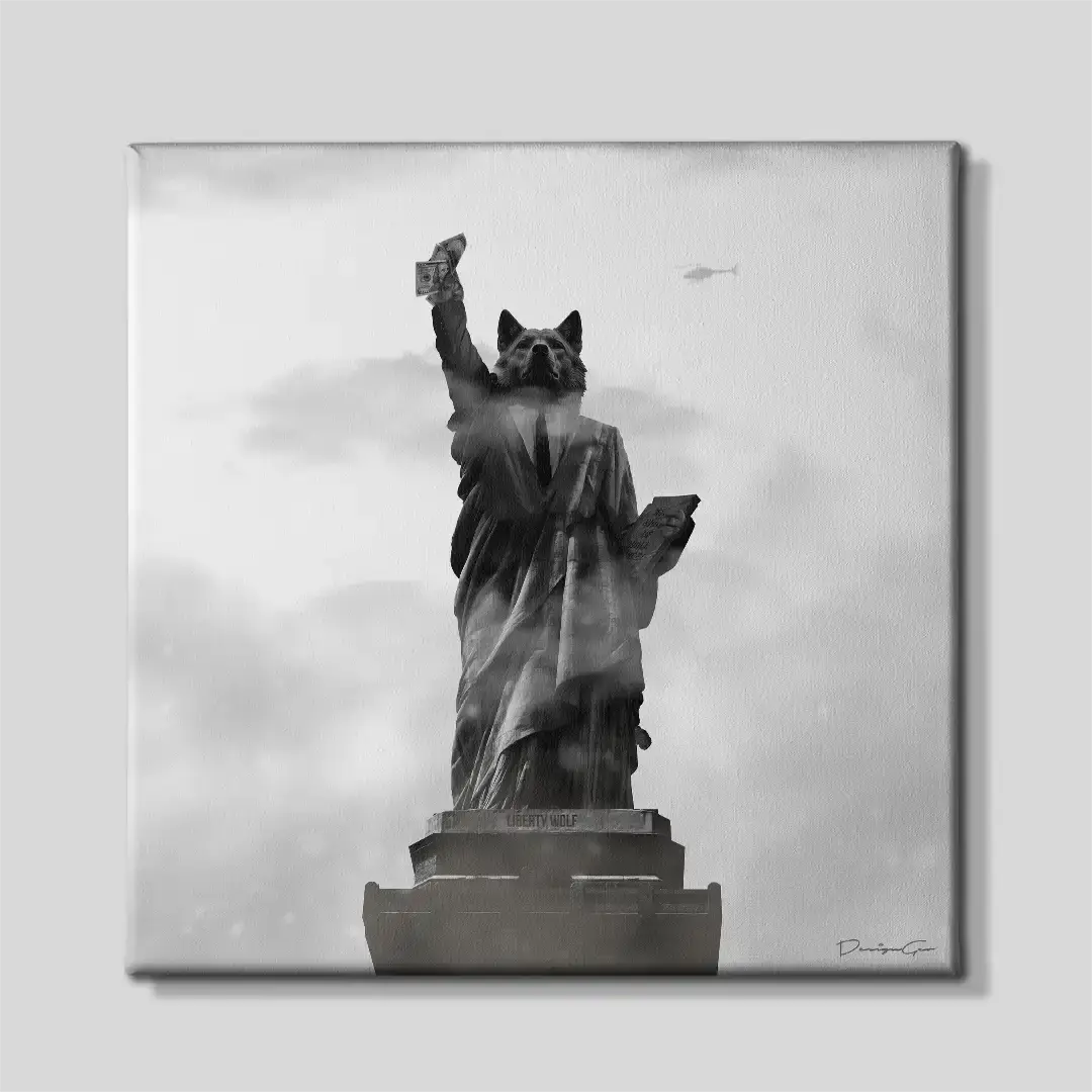 Front view of the Liberty Wolf square canvas wall art, a premium decorative piece for modern bedrooms, executive offices, or home workspaces