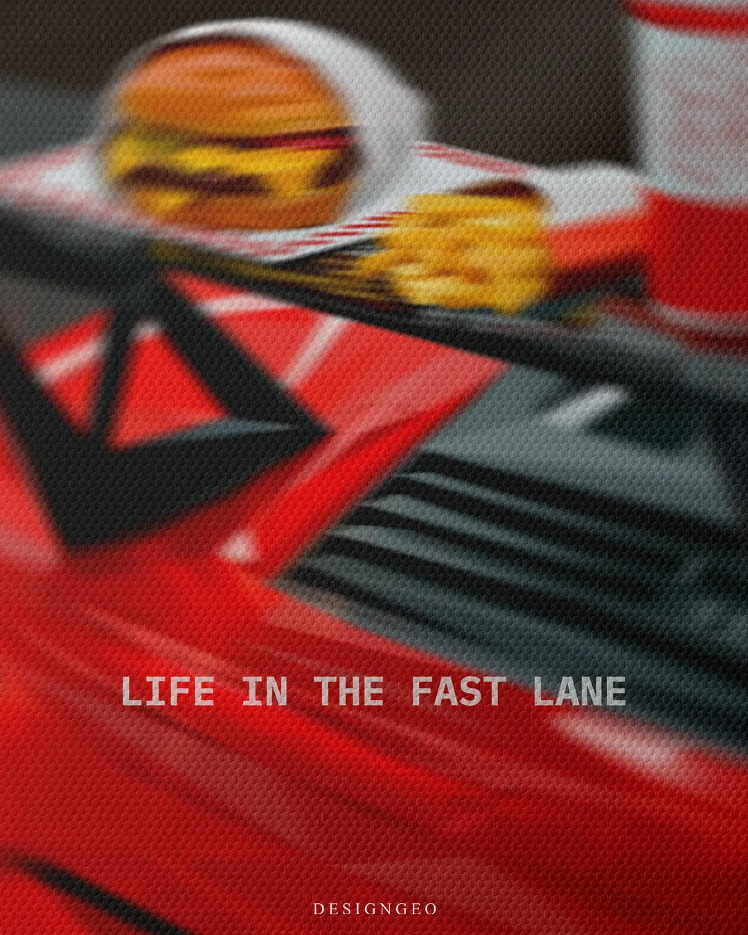 Close up texture view of Life In The Fast Lane typography quote printed on fine woven canvas above red sports car rear wing square canvas wall art 0.75 inch thin wrap