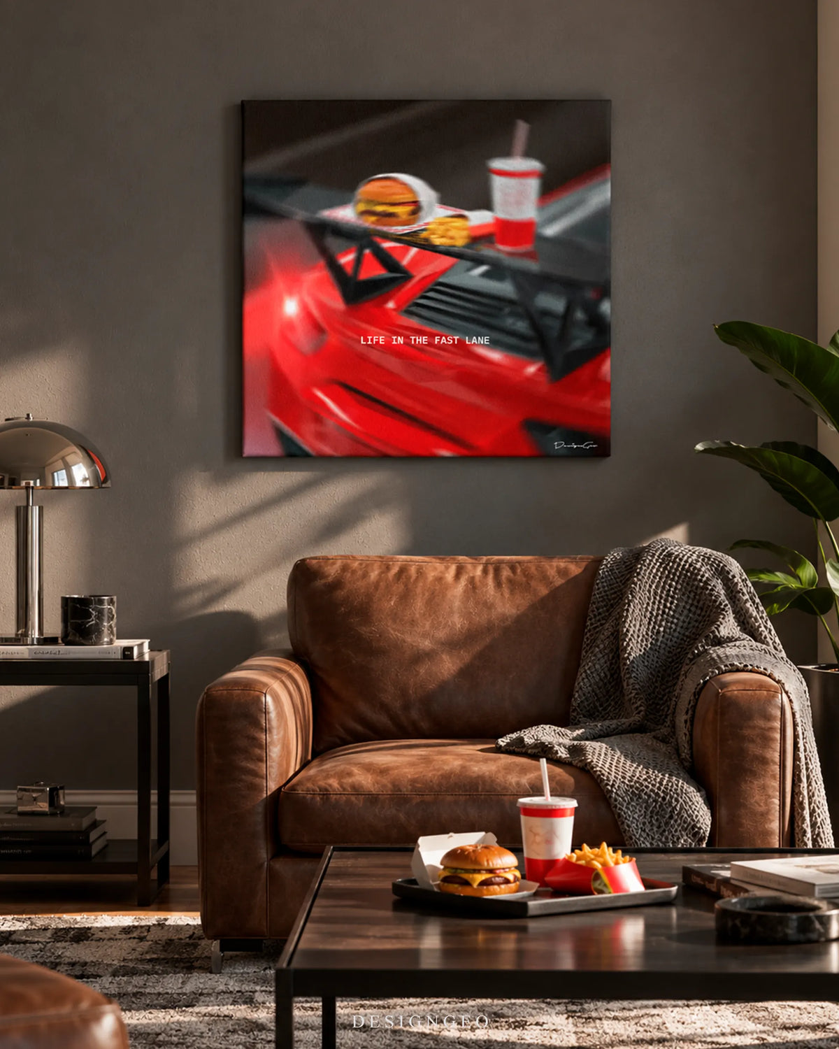 Life In The Fast Lane red sports car square canvas wall art mounted on dark gray wall above brown leather armchair in modern living room 0.75 inch thin wrap