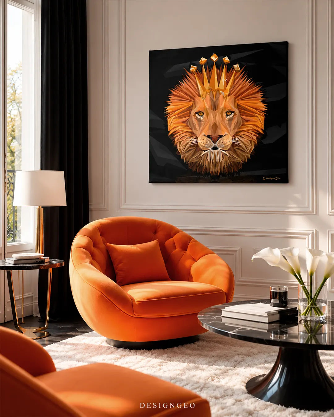 Geometric low poly lion face with golden crown square canvas wall art displayed on a white wall above a bright orange swivel armchair 0.75 inch thin wrap