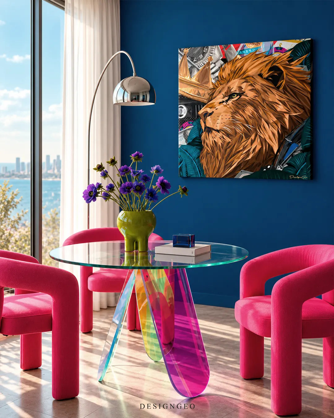 Geometric lion head profile canvas wall art with gold crown and watch details displayed on a deep blue accent wall in a modern room above an iridescent glass table and pink chairs
