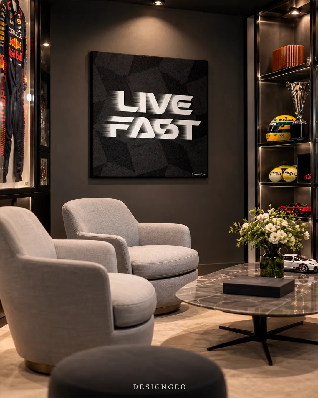 Live Fast motivational motorsport typography square canvas wall art mounted on wall in luxury lounge above armchairs with racing memorabilia decor 0.75 inch thin wrap