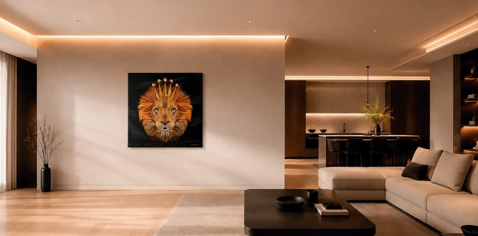 Modern luxury living room interior featuring a large square crowned lion canvas print mounted on a warm beige accent wall above an open-plan lounge with recessed ambient lighting
