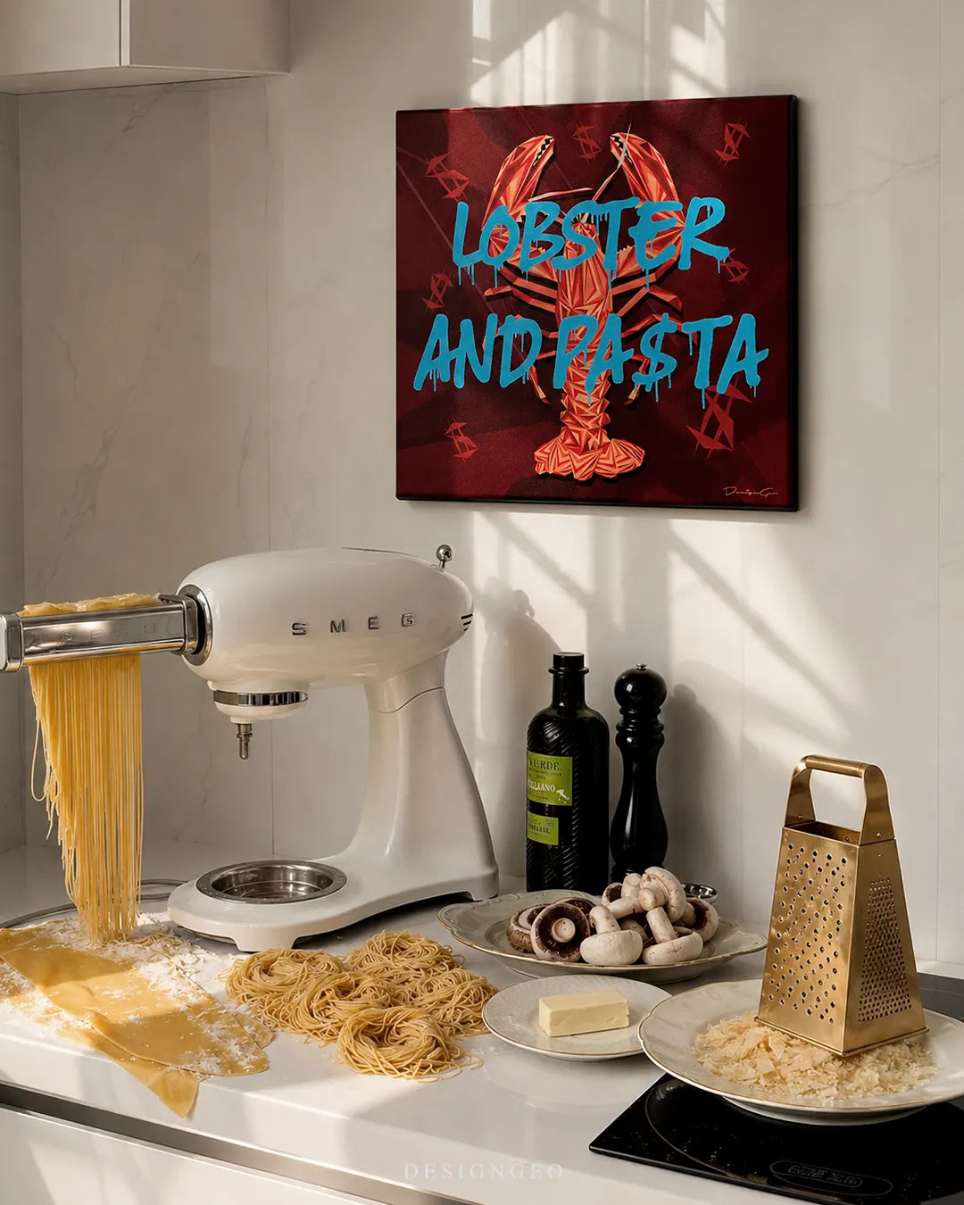 Square Lobster and Pasta canvas print mounted on a white kitchen wall above a counter with a Smeg mixer making fresh pasta, mushrooms, olive oil, and a gold cheese grater