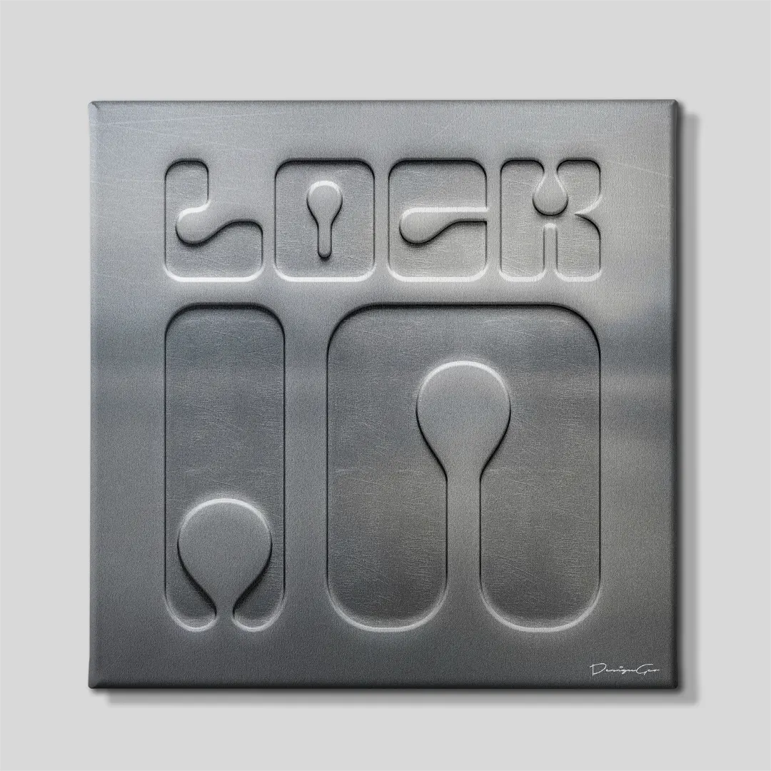 Front view of a square silver-grey canvas print featuring embossed metallic typography spelling LOCK IN in a modern minimalist style