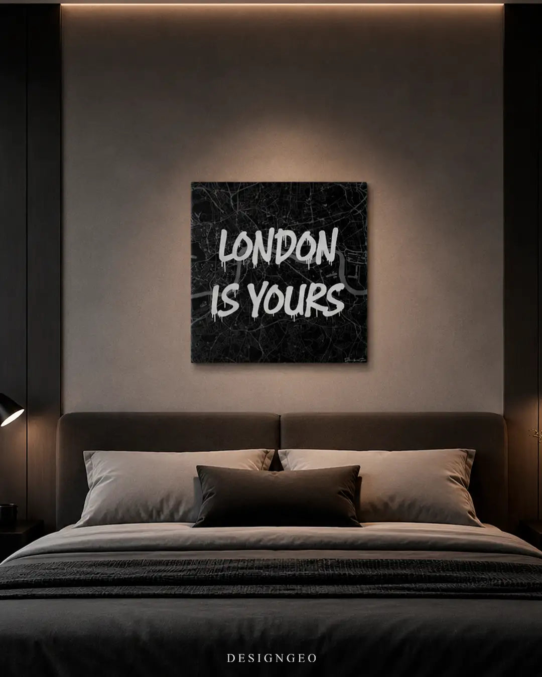 Modern interior displaying the London map square canvas wall art above a bed, adding a refined corporate and urban touch to professional offices or English style livings