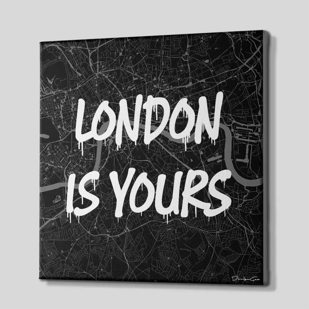 Side perspective of the London urban map canvas print, highlighting the premium gallery wrap finish and the solid 3D frame depth ideal for luxury interior design