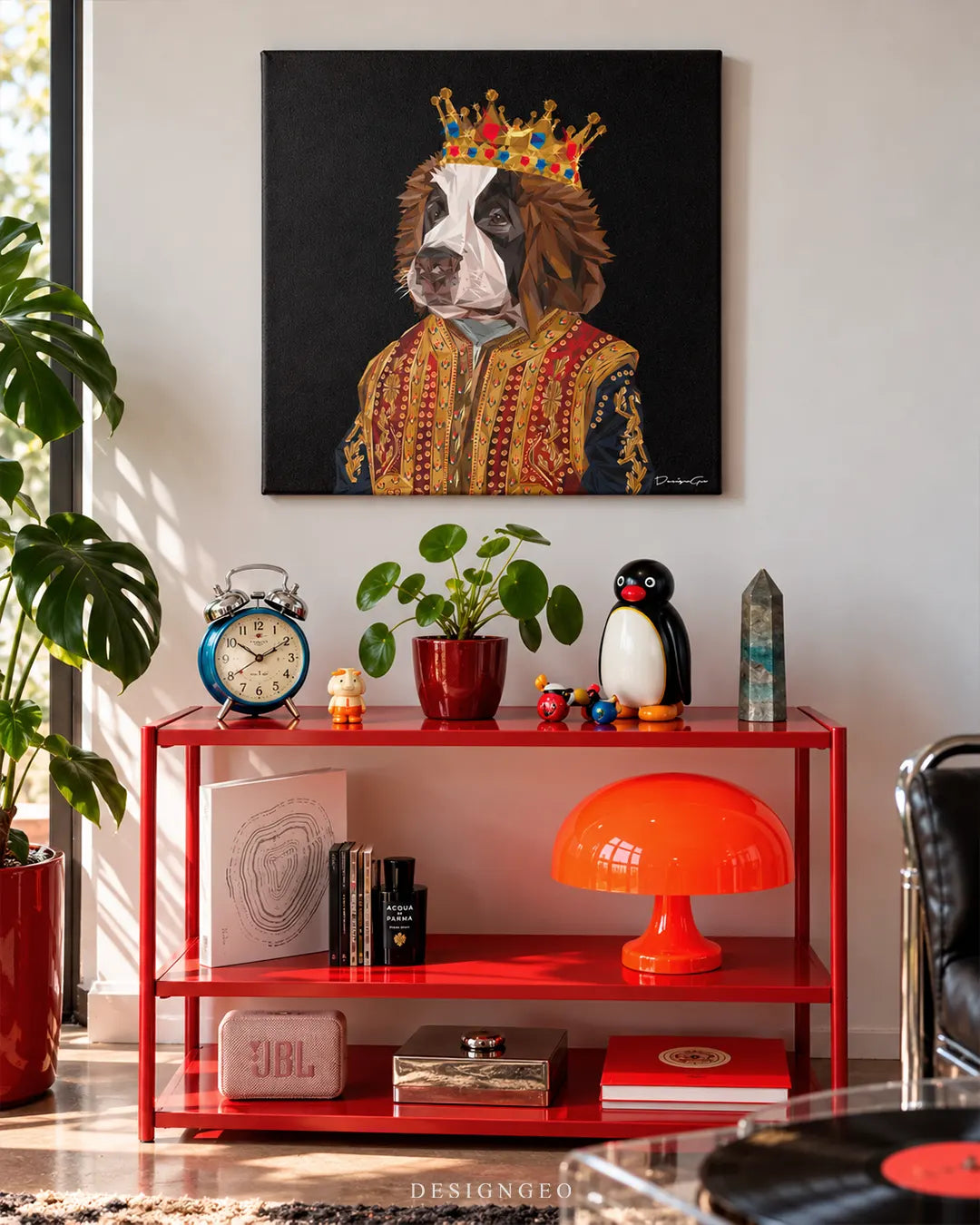 Square dark canvas print featuring a low-poly Saint Bernard dog wearing a golden crown and royal red attire mounted on a white wall above a red metal shelving unit