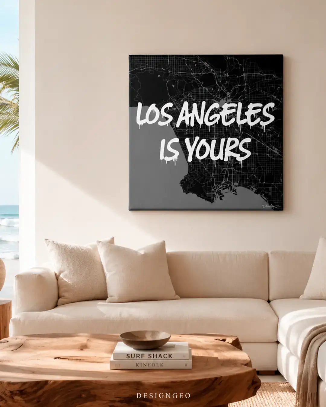 Modern living room interior featuring the Los Angeles map square canvas art, creating a sophisticated and inspiring atmosphere for modern home offices or bedrooms