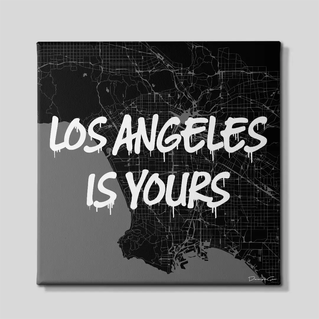 Front view of the Los Angeles is Yours square map canvas print, a premium decorative piece for California culture enthusiasts and modern urban interior design
