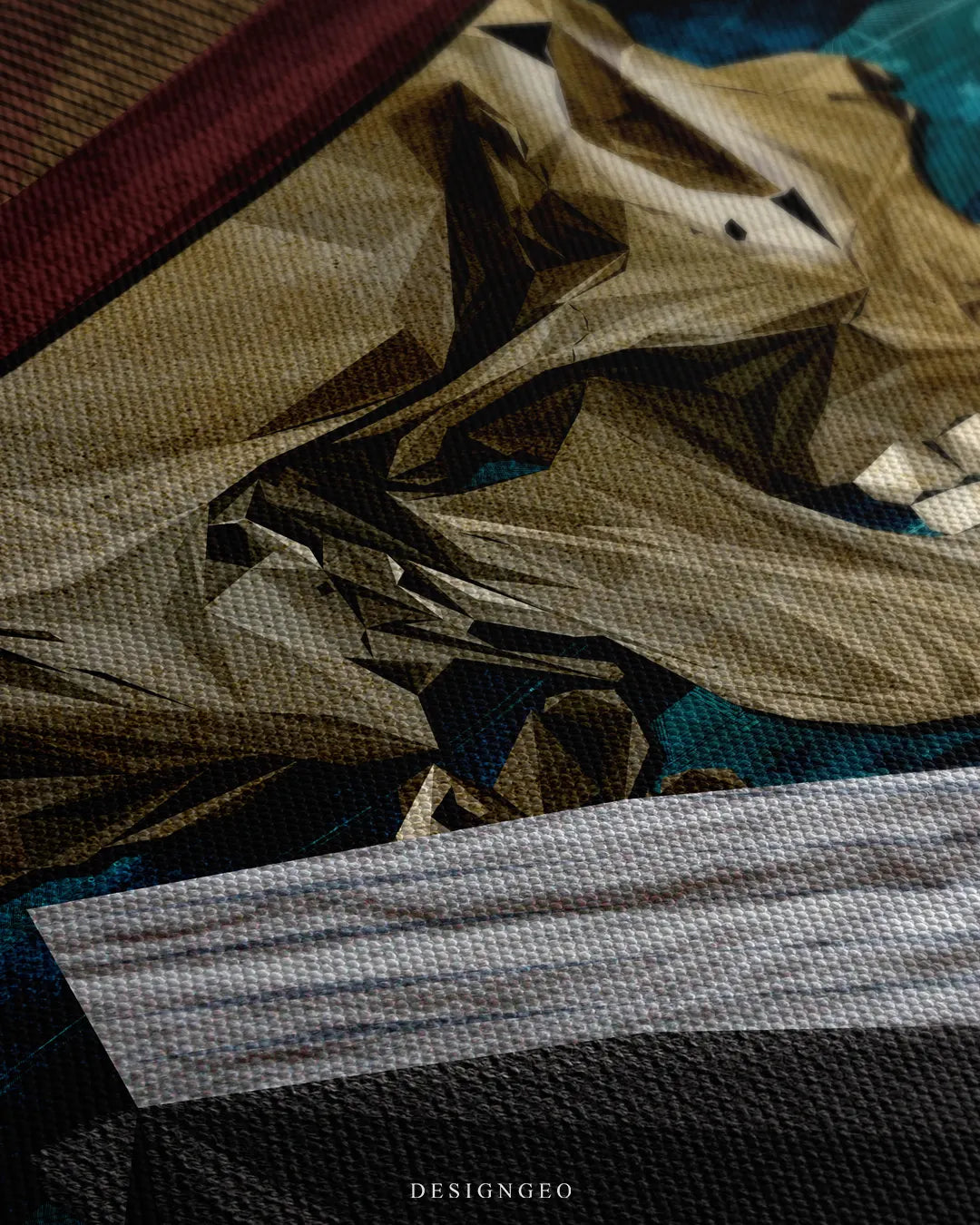 Angled detailed macro texture of fine woven canvas print showing low-poly skull profile wearing a fedora hat with teeth detail