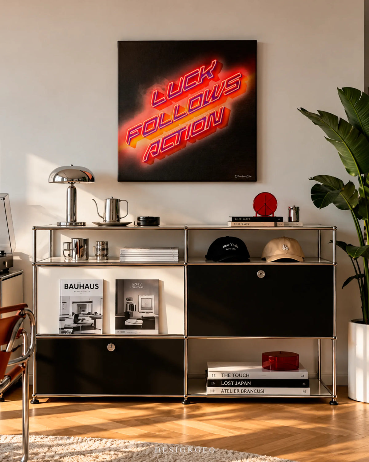 Luck Follows Action neon typography square canvas wall art mounted on white wall above modern USM Haller modular sideboard in living room 0.75 inch thin wrap
