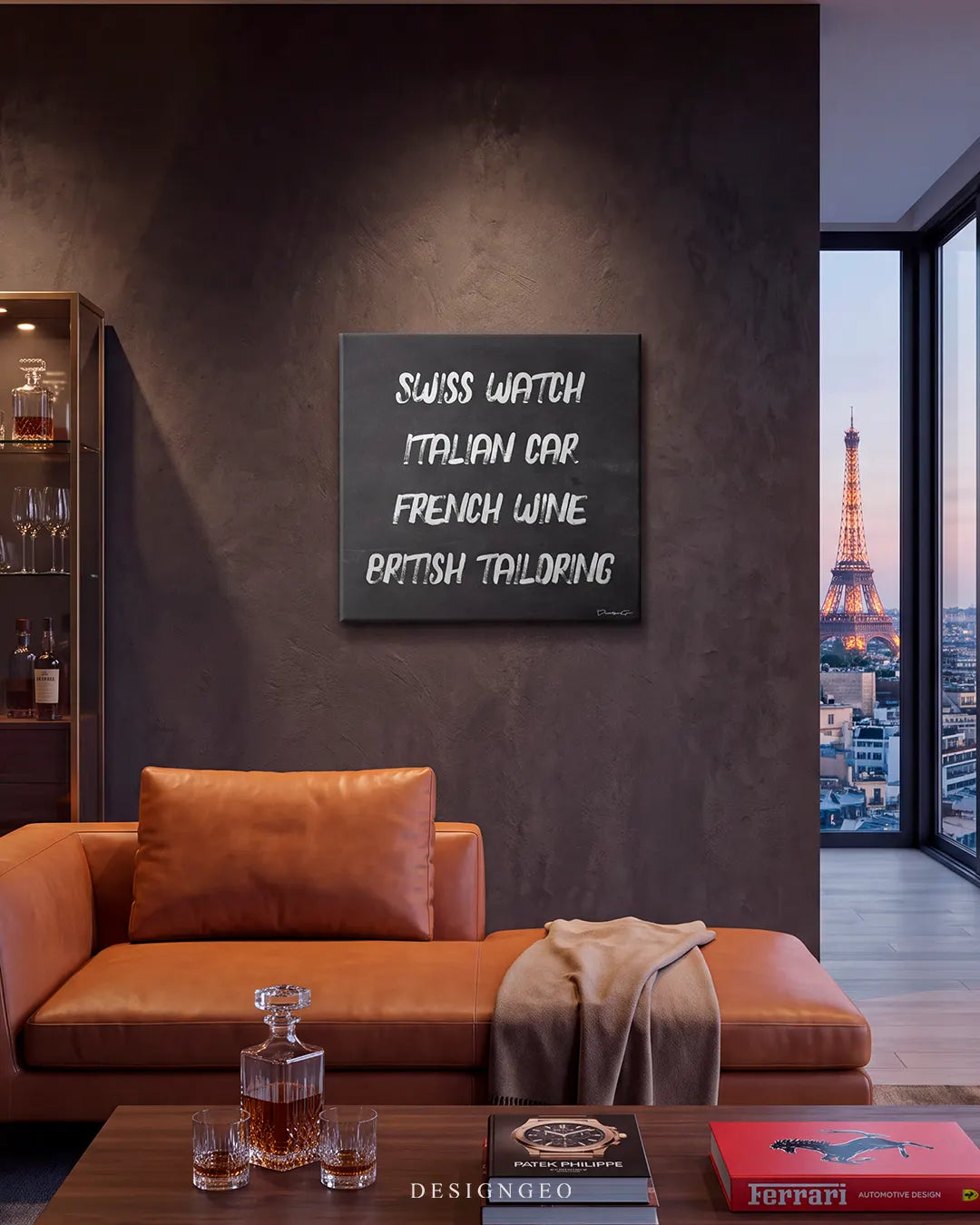 Luxury modern penthouse living room with the black square typography canvas art mounted above a cognac leather sofa overlooking the Eiffel Tower skyline