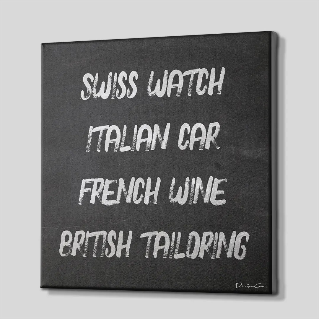 Three-quarter side perspective of the square black typography canvas print displaying clean gallery-wrapped edges mounted on a wooden frame