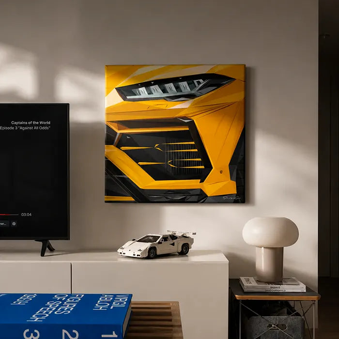 Luxury canvas wall art collection showcasing a geometric close-up of a yellow supercar front bumper in a minimalist room