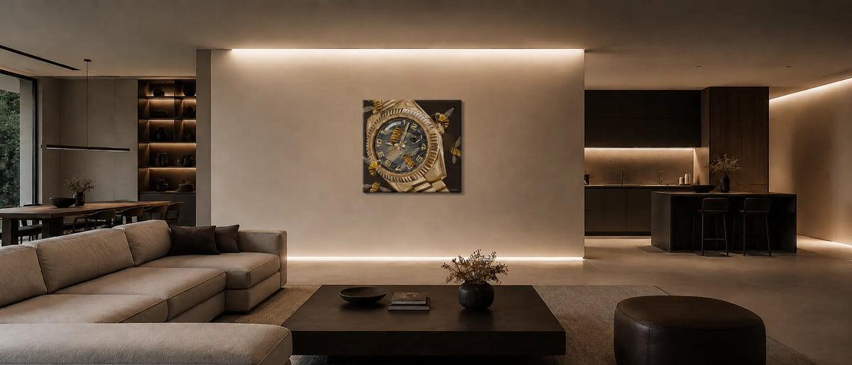 Modern luxury open-plan apartment featuring a square canvas print of a gold watch surrounded by honeybees, mounted on a beige accent wall above a modern sofa and coffee table with ambient cove lighting