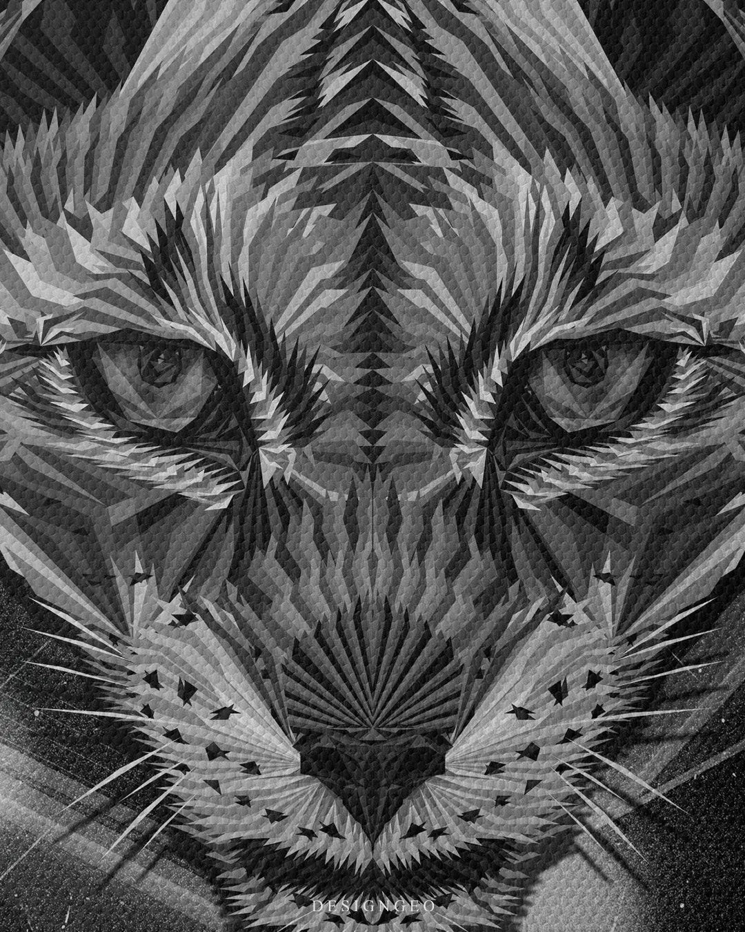 Medium shot close-up of a black and white geometric lynx face detailing intricate polygonal fur patterns, sharp whiskers, and intense eyes