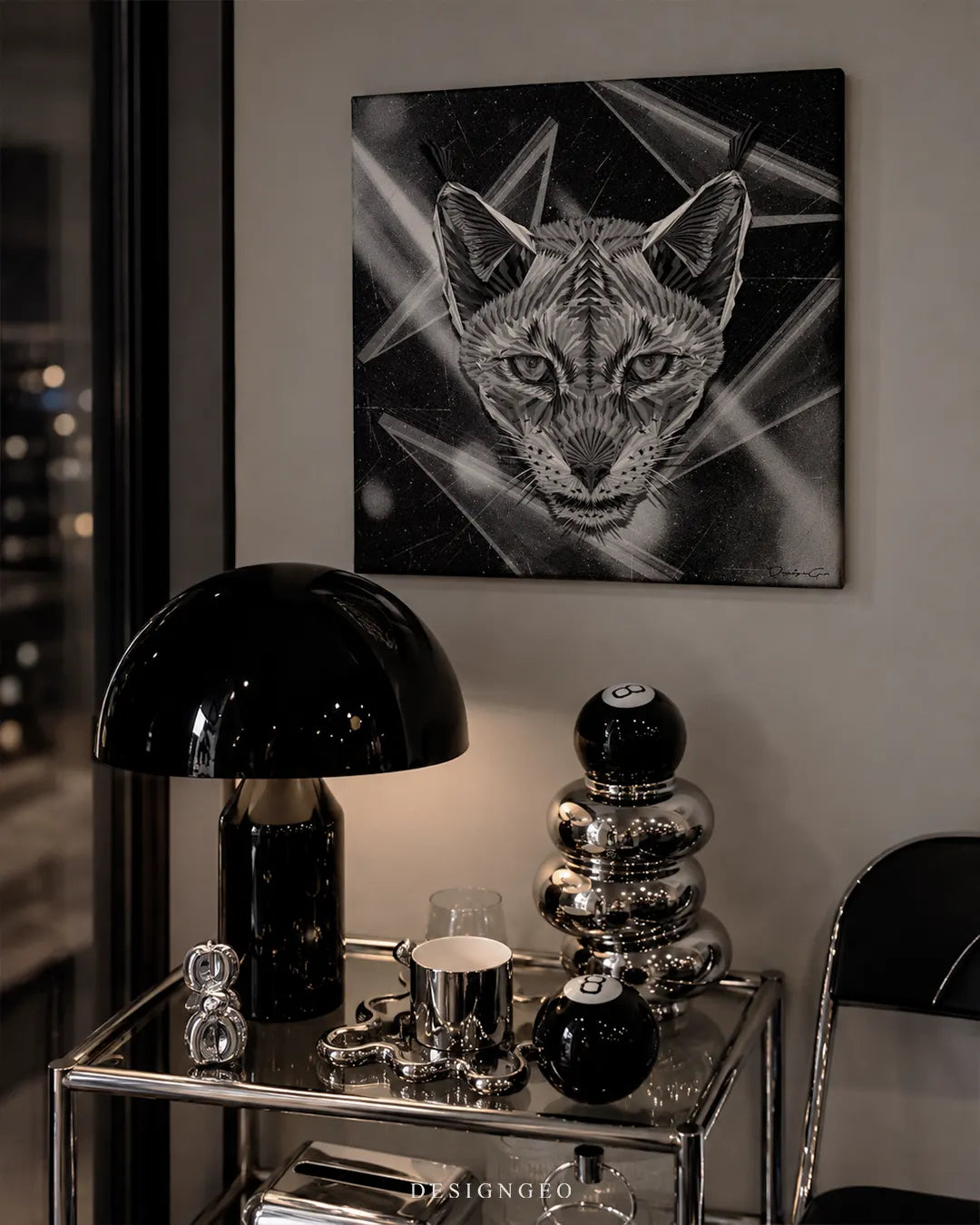 Lynx geometric animal head in monochrome pop art square canvas wall art mounted on wall in luxury living room above side table 0.75 inch thin wrap