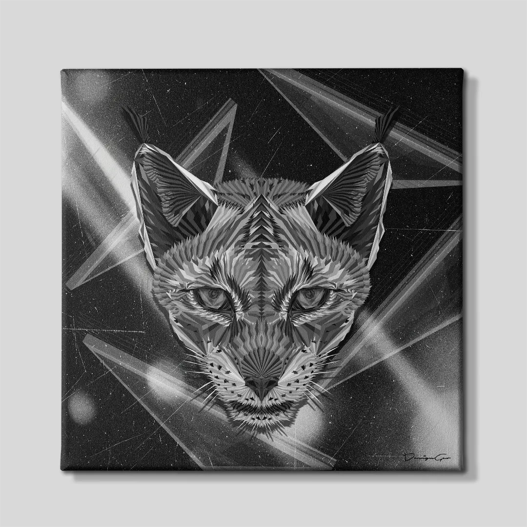 Front view of a square animal canvas print featured with a black and white geometric lynx portrait surrounded by abstract poly shapes and light rays on a dark background