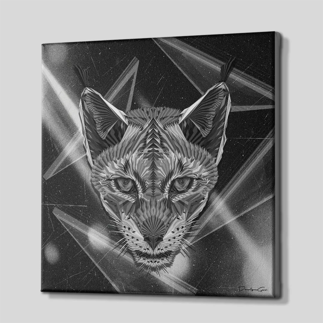 Three-quarter side view of the geometric lynx canvas wall art showing gallery-wrapped black edges mounted on a thick wooden stretcher frame