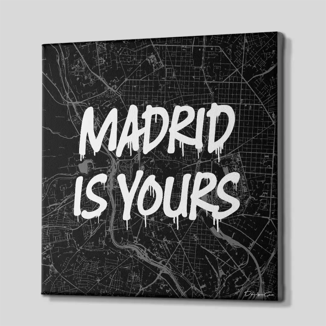 Side perspective of the contemporary Madrid graffiti map canvas wall art, demonstrating the precise gallery wrap edges and thick 3D frame structure suitable for upscale interior design