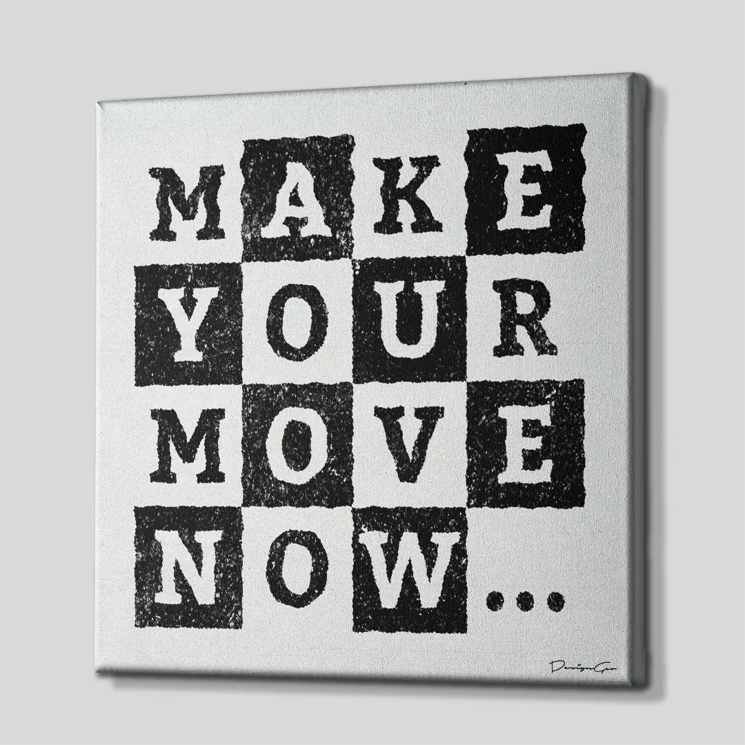 Three-quarter side angle of the MAKE YOUR MOVE NOW chess canvas wall art showing clean white gallery-wrapped edges mounted on a solid wooden frame