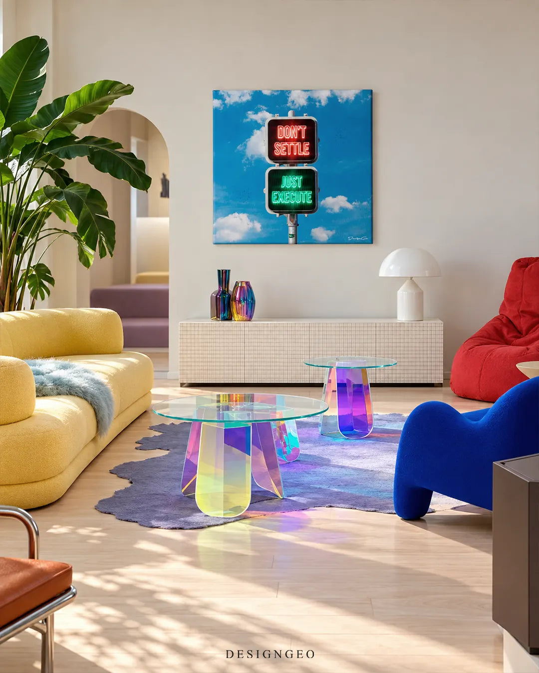 Red and green traffic light neon signs with quotes Don't Settle Just Execute against cloudy sky square canvas wall art displayed on a white wall above a credenza 0.75 inch thin wrap