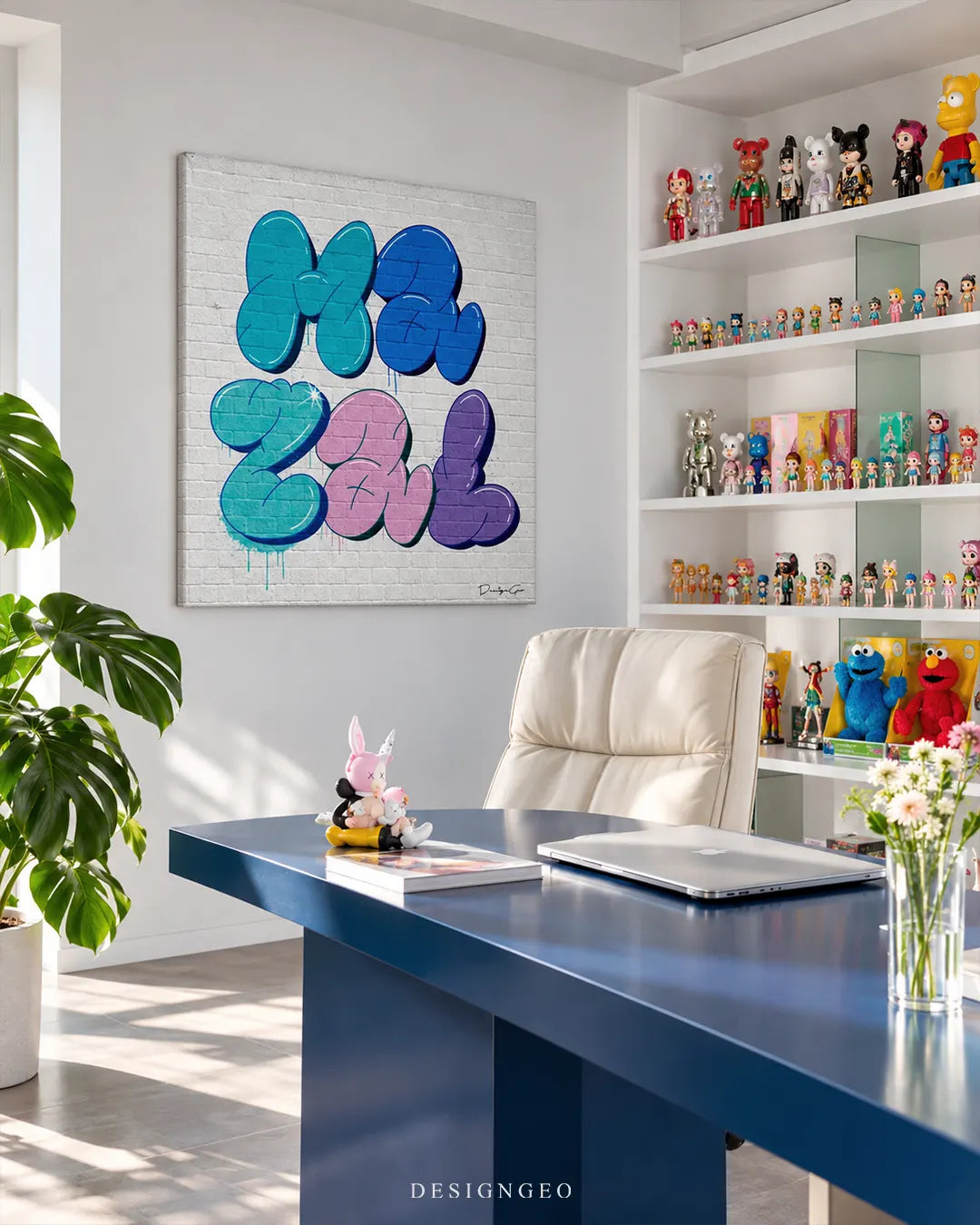 Colorful bubble letters graffiti word Mazal on white brick background square canvas wall art displayed on a white wall in a modern office above a blue desk 0.75 inch thin wrap